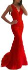 Lemai Women Beaded Lace Mermaid Long V Neck Prom Dresses Formal Evening Gown