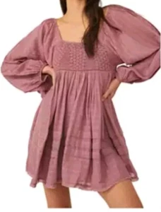 Free People Women's Size S Pink Balloon Long Sleeve Ari Smocked Mini Dress - Picture 1 of 6