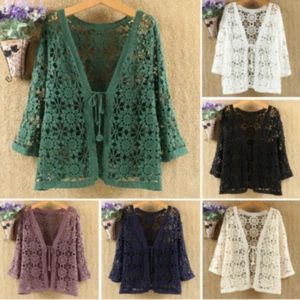Women Lace Crochet Shrug Cardigan Top Jacket Hollow Knitted 3/4 Sleeve Shawl - Picture 1 of 18
