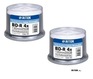 100 Ritek Pro Blank Blu Ray Discs 4x Inkjet Printable BD R 25GB 130mins UK Stock - Picture 1 of 2