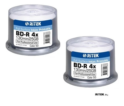 100 Ritek Pro Blank Blu Ray Discs 4x Inkjet Printable BD R 25GB 130mins UK Stock - Image 1 of 2