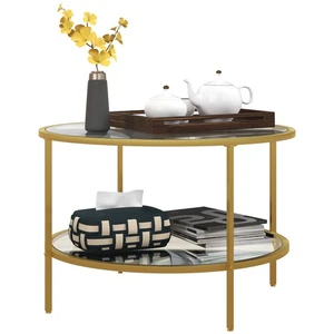 HOMCOM Round Coffee Table with Storage Shelf and Tempered Glass Top, Gold - Picture 1 of 11