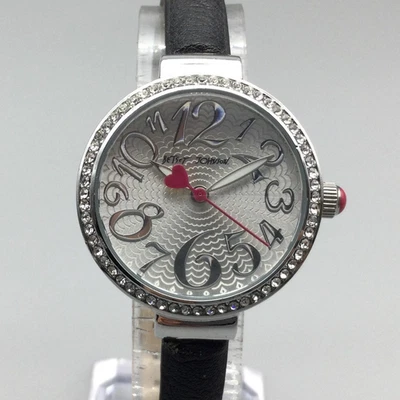 Reloj Betsey Johnson Mujer 30mm Bisel Cristal Plateado Correa Negra Batería Nueva Foto 1 de 4