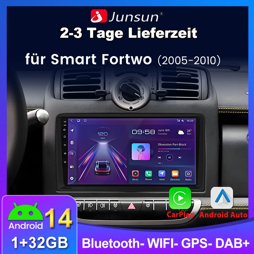Android 14 CarPlay Für Smart Fortwo 451 2005-2010 Autoradio GPS Navi DAB USB RDS - Bild 1 von 4