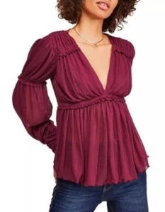 Free People Day Dreaming Top Sz S. Ruffled Long Balloon Sleeve Plum Color - Picture 1 of 9