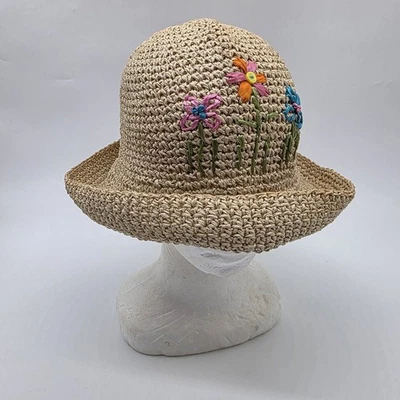 Sombrero cubo vintage tejido sol jardín 100 % papel bordado flores florales Foto 1 de 4