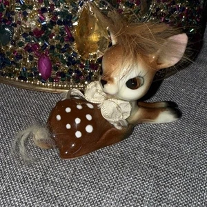 Vtg Commodore Big Eye Spotted Deer Figurine Fur Head Tail Japan Kitschy - Picture 1 of 12