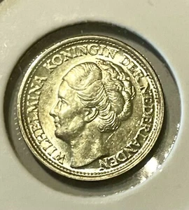 1942-P CURAÇAO & SURINAM ~ 10c Uncir. Silver Coin w/ Palm Tree Privy ~ Rare💎 - Picture 1 of 4