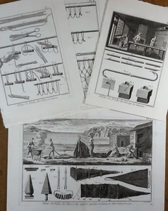 Lot Gravures Antique Print XVIIIe Pêche Chasse Filets Hameçons Diderot In-4° - Imagen 1 de 7