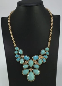 Cluster Statement Necklace with Teal Faceted Acrylic Cabochons and Rhinestones - Picture 1 of 5