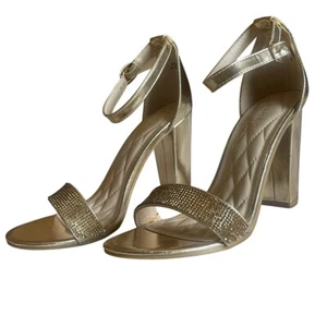 BAMBOO Frenzy 54S Women's Gold Rhinestones Open Toe Chunky Heel Sandals Shoes - Picture 1 of 8