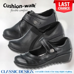 Ladies Cushion Walk Black Faux Leather Slip On Loafer Mary Jane Low Wedge Shoes - Picture 1 of 26