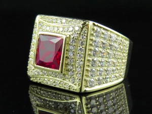 Mens 10K Yellow Gold Lab created Ruby Gemstone Diamond Fashion Pinky Ring - Picture 1 of 6
