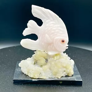 Genuine rose quartz handcrafted fish carving figurine, on a crystal quartz base. - Picture 1 of 7