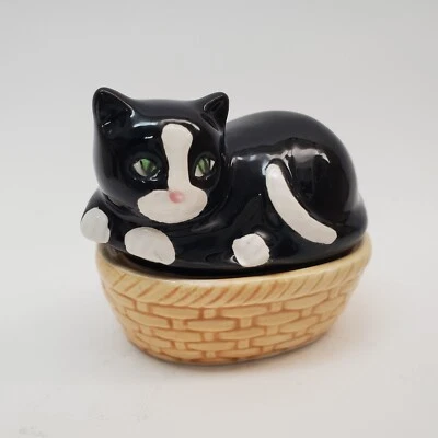 Vintage Vander Negro Blanco Cerámica Gatito en Cesta Caja Baratija Japón 3.5"x3" Foto 1 de 4