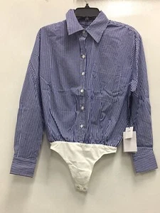 Lini Women Stripe Shirting Bodysuit, Blue, M - Picture 1 of 8