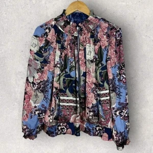 Chicos Reversible Floral Mixed Print Shirred Bomber Jacket Size XXL Blue Coat - Picture 1 of 12