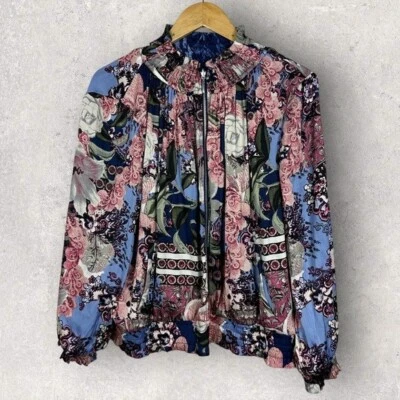 Chicos Reversible Floral Mixed Print Shirred Bomber Jacket Size XXL Blue Coat - Image 1 of 4