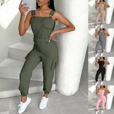 Damen Latzhose Overall Jumpsuit Ärmellos Hosenanzug Cargo Strampler Playsuits * - Bild 1 von 4