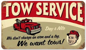 Vintage Wrecker Abschleppwagen Service Blechschild Mann Höhle Garage Karosserie Werkstatt Deko - Bild 1 von 1