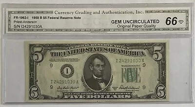 1950 B $5. GEM UNCIRCULATED. PRIEST/ANDERSON. FEDERAL RESERVE NOTE. MINNEAPOLIS - Image 1 of 4