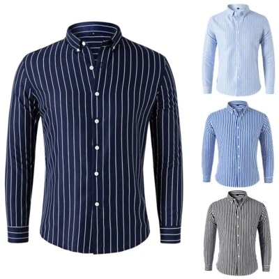 Men's Dress Shirts Long Sleeves Formal Business Striped Casual Slim Shirts Tops - Image 1 of 4