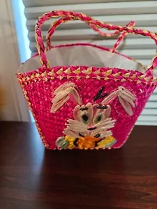 Vintage Pink Woven Straw Easter Basket/ Childs Purse bunny - Picture 1 of 3