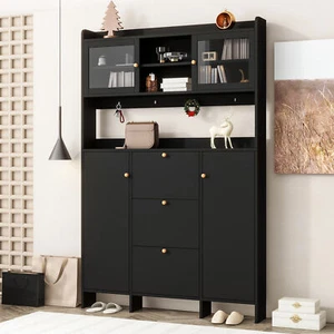 Modern Hall Tree Entryway Shoe Cabinet w/ 3 Flip Drawers & Open Storage Platform - Picture 1 of 10