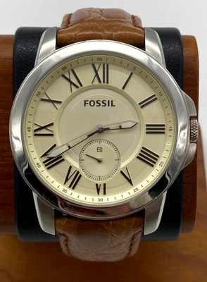 Reloj Fossil FS4963 Grant Tono Plata Marrón Correa Cuero Cocodrilo Número Romano Foto 1 de 4