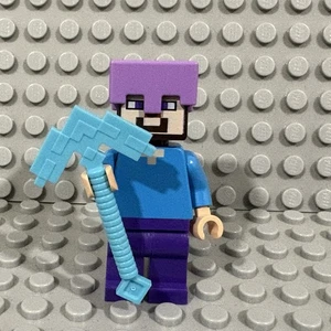 Lego Minecraft Steve Minifigure With Enchanted Helmet And Diamond Pickaxe - Picture 1 of 3