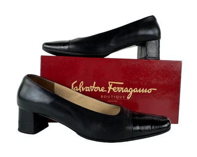 Zapatos de salón Salvatore Ferragamo de cuero 10 B EE. UU. 40 UE negros tacones caja auténticos Foto 1 de 4