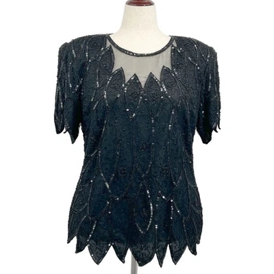 Stenay Woman Black Beaded Sequin Sheer Neck Short Sleeve Evening Top 1X Holiday - Image 1 of 4