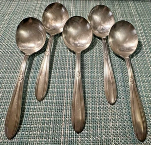 BB SILVERPLATE 6 GUMBO ROUND SOUP SPOONS GOOD USED CONDITION FLEUR DE LIS HANDLE - Picture 1 of 7