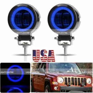2X 3'' Round LED Work Light Bar Spot Pods Offroad Fog Driving 4WD ATV Blue Halo - Picture 1 of 10
