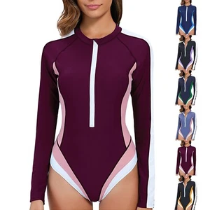 Womens Rash Guard Swimsuit Zipper Long Sleeve One Piece Bathing Suit UPF 50 - Picture 1 of 19