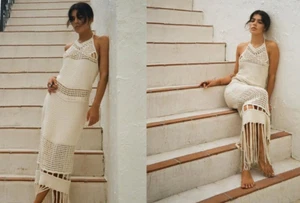ZARA NECKHOLDER STRICKKLEID HÄKEL FRANSEN DRESS CROCHET FRINGE LIMITED - Picture 1 of 16