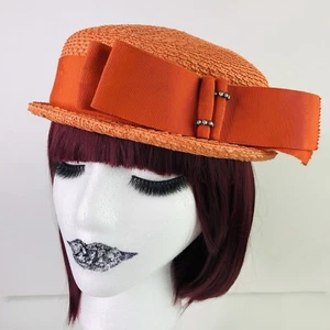 Vintage 1950s Orange Big Bow Strap Cap Pillbox Fascinator Hat Headwear Costume - Picture 1 of 7