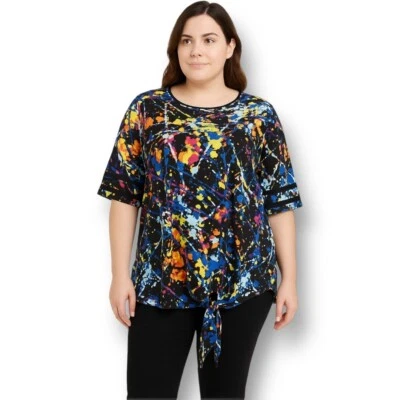 Eye Candy 3X Black Paint Splatter Abstract Print Tie Front Top Artsy Festival - Image 1 of 4