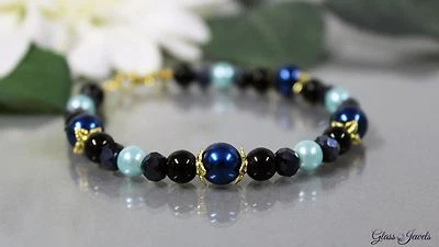 Glass Jewels Gold Armband Perlen Blau Schwarz Länge 20 cm #H003 - Bild 1 von 3