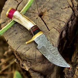6”Vintage Damascus steel Hunting Skinning Knife Stag Antler Handle Brass Guard - Picture 1 of 5