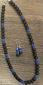 18" Black Agate and Blue Chalcedony Necklace and Earring Set - Picture 1 of 3