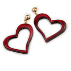 Ox Blood Wood Open Cut Heart Drop Earrings With Gold Tone Post Closure - 60Mm L