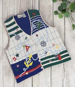 Vintage Sweater Vest Womens Size 2X Plus Knit Button Up Nautical Embroidered - Picture 1 of 7