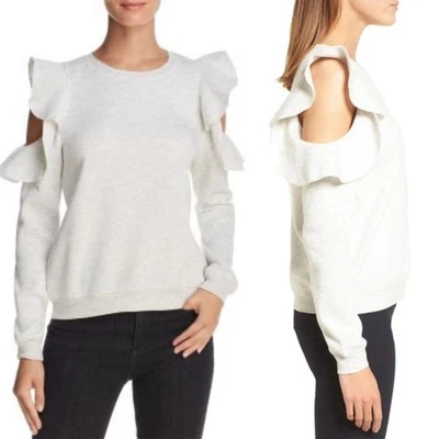 Rebecca Minkoff Women's Light Grey Cold Shoulder Ruffle Sweater Size Large - Image 1 of 4