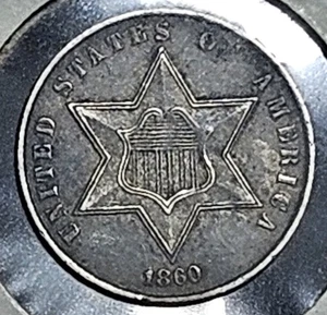 1860 Three Cent Silver Piece Trime 3c Type Coin Beautiful Strong Strike - Picture 1 of 2