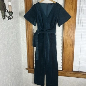 RACHEL Rachel Roy Dark Peacock Corduroy Velvet belted Jumpsuit  Size 12 - Picture 1 of 21