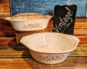 Set 2 Vtg. Libbey Brown Daisy Floral Casseroles~1 Qt. Saucepan, 8" Skillet W/Lid - Picture 1 of 16