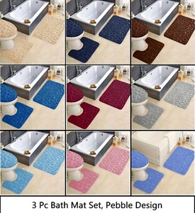 3 Piece Pebble Design Bathroom Bath Mat Contour Rug Set with Toilet Lid Cover - Picture 1 of 17