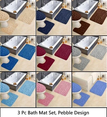 Juego de alfombras contorno de alfombra de baño de diseño de guijarros de 3 piezas con cubierta de tapa de inodoro Foto 1 de 3