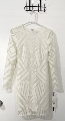 Vestido Vaina DKNY Geométrico Encaje 2 Marfil Texturizado Crochet Tejido Manga Larga Foto 1 de 4